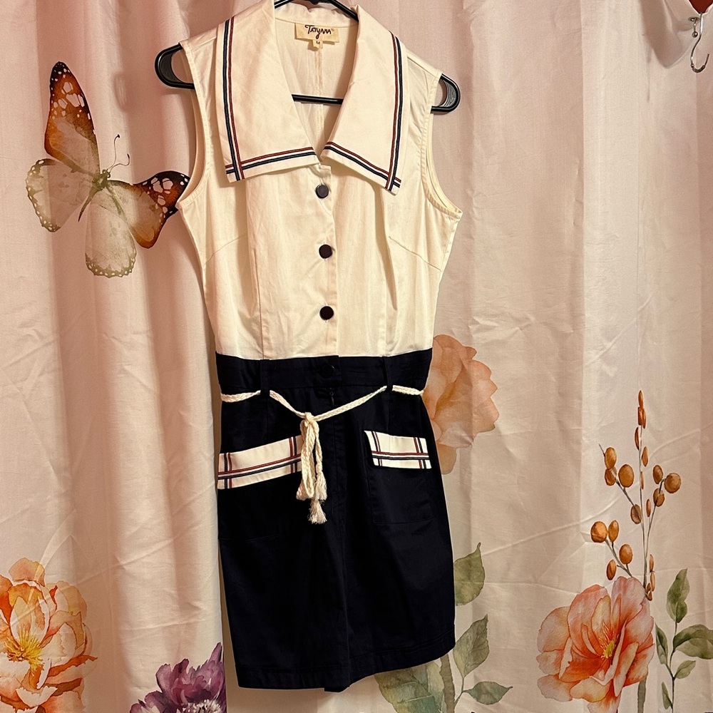 Tatyana white and navy blue High Waist Shorts Romper